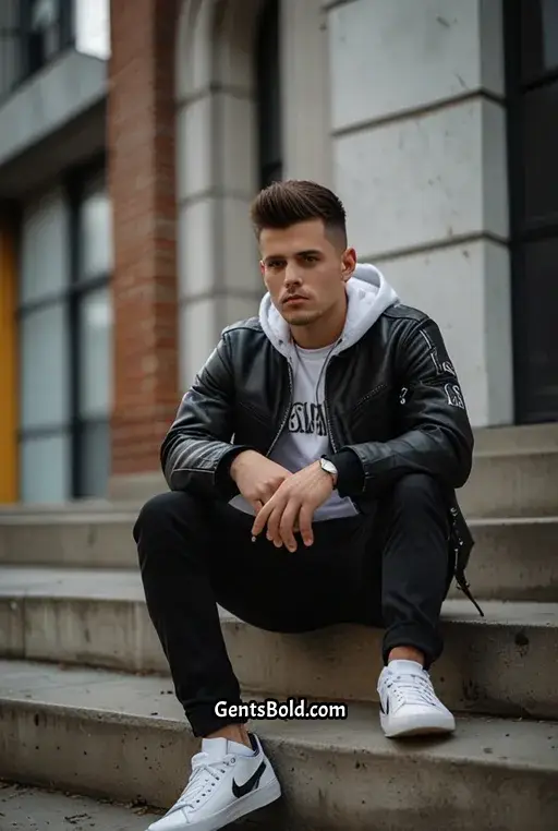 22. Black Leather Jacket with Graphic Hoodie