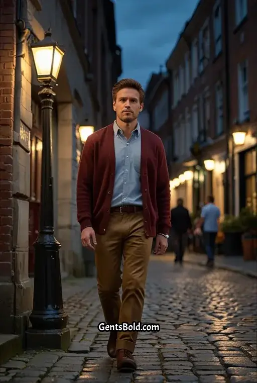 22. Maroon Cardigan with Chambray Shirt