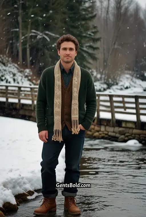 23. Forest Green Cardigan with Beige Scarf
