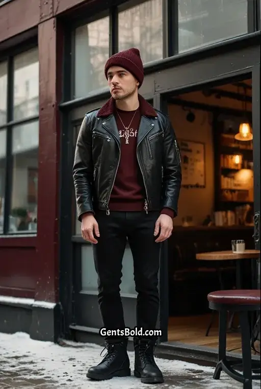 24. Embroidered Leather Jacket with Beanie