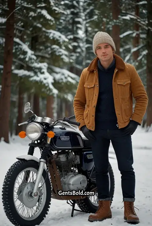 4. Suede Leather Jacket with Wool Beanie