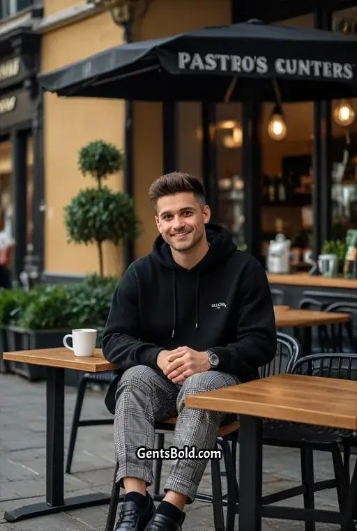 7. Black Hoodie with Checked Pants