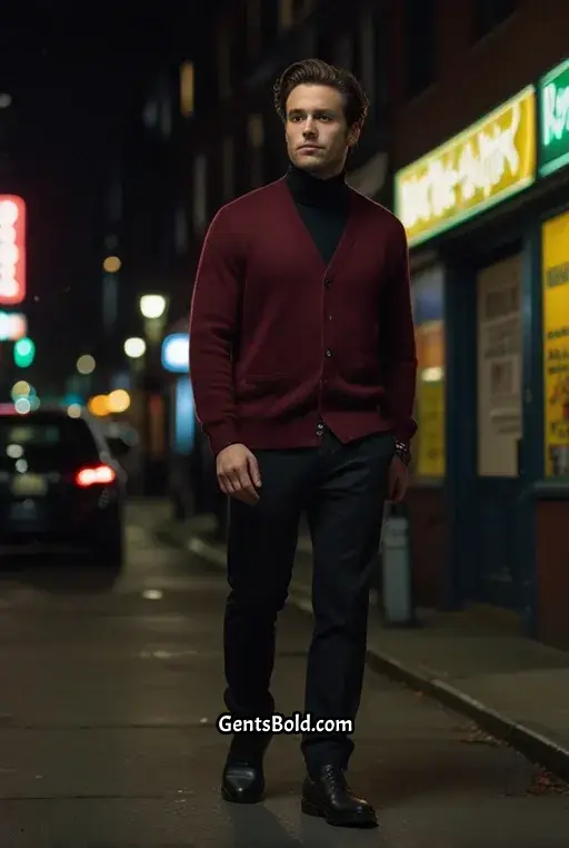 7. Burgundy Cardigan with Black Turtleneck