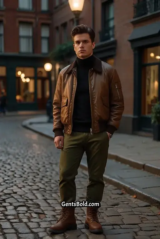 7. Leather Bomber Jacket with Cargo Pants