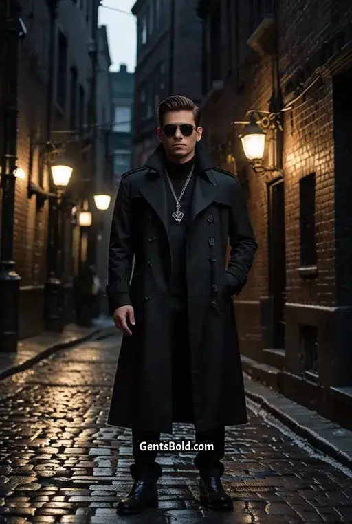 1. All Black Trench Coat with Silver Chains