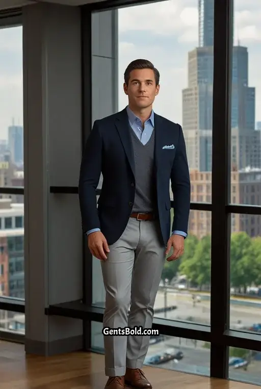 1. Navy Blazer With Gray Chinos