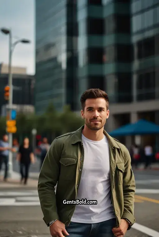 1. Olive Cargo Jacket with White T Shirt and Blue Jeans