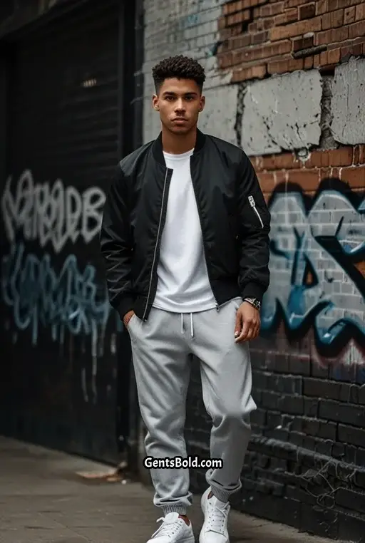 10. Black Bomber Jacket with Grey Joggers