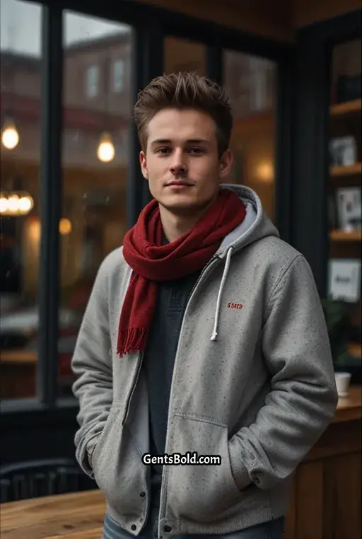 10. Casual Layered Look with a Red Wool Scarf