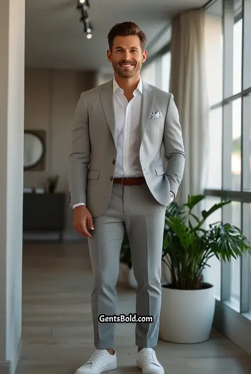 10. Light Gray Suit With White Sneakers