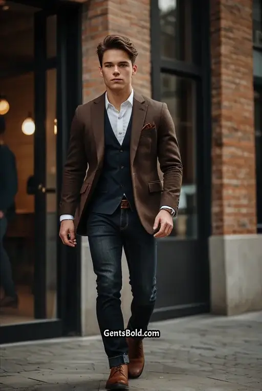 11. Blazer with Dark Jeans and Brown Boots