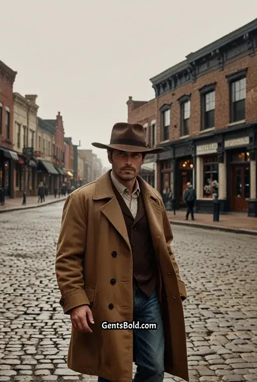 11. Brown Leather Trench Coat with Cowboy Boots