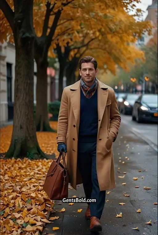 11. Camel Coat With Navy Slacks