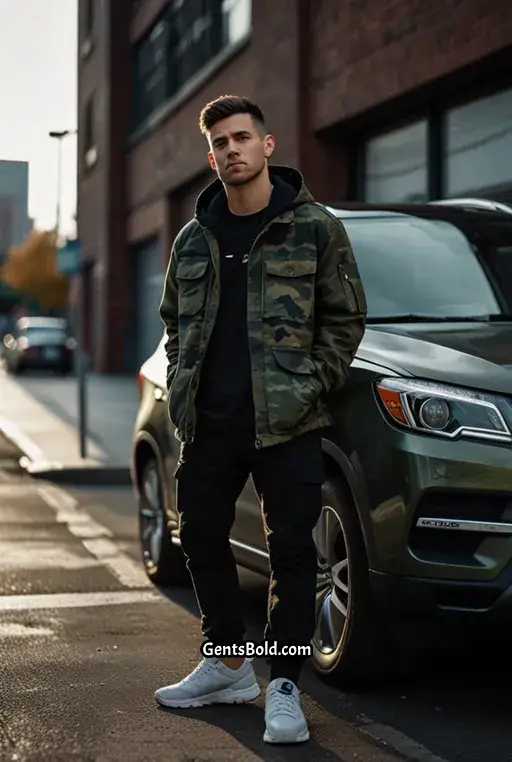 11. Camouflage Cargo Jacket with Black Hoodie and Joggers