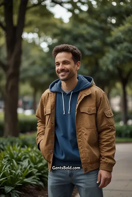 12. Brown Cargo Jacket with Blue Hoodie and White Sneakers