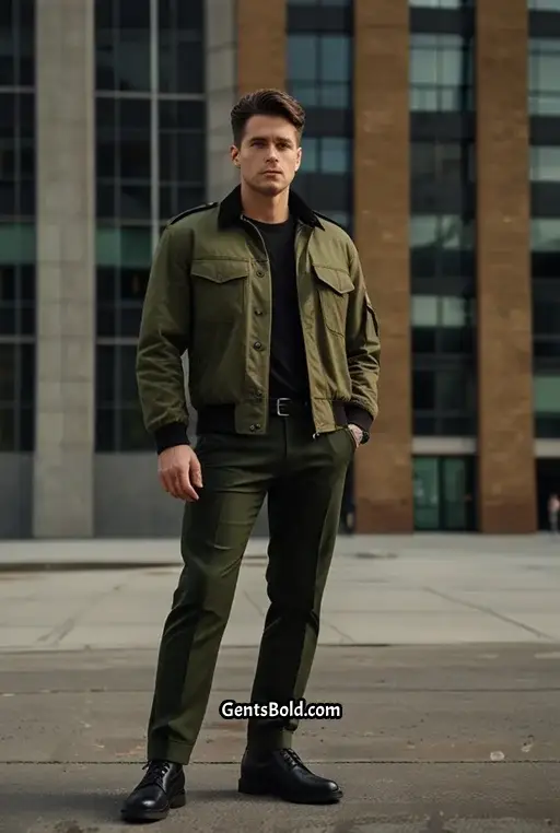 12. Olive Green Military Jacket with Black Trousers