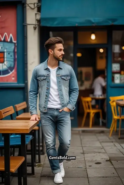13. Casual Denim Jacket with White T shirt