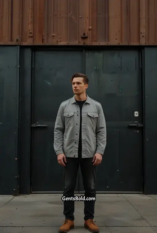 13. Grey Cargo Jacket with Black Long Sleeve T Shirt and Boots