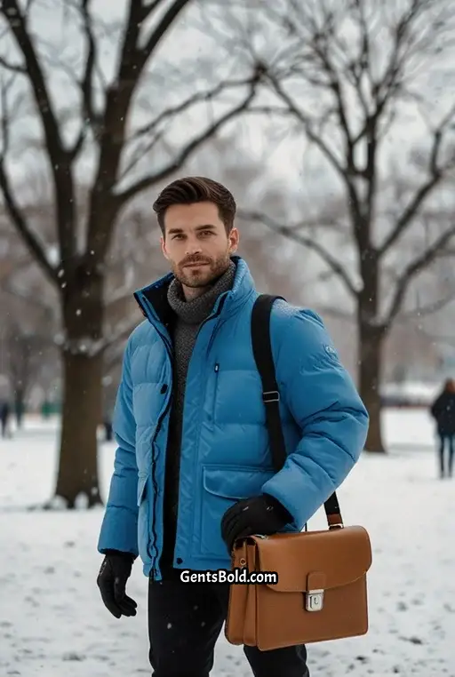 13. Winter Commute Look with a Blue Puffer Jacket