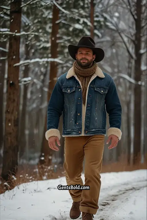 14. Fur Lined Denim Jacket with Corduroy Pants