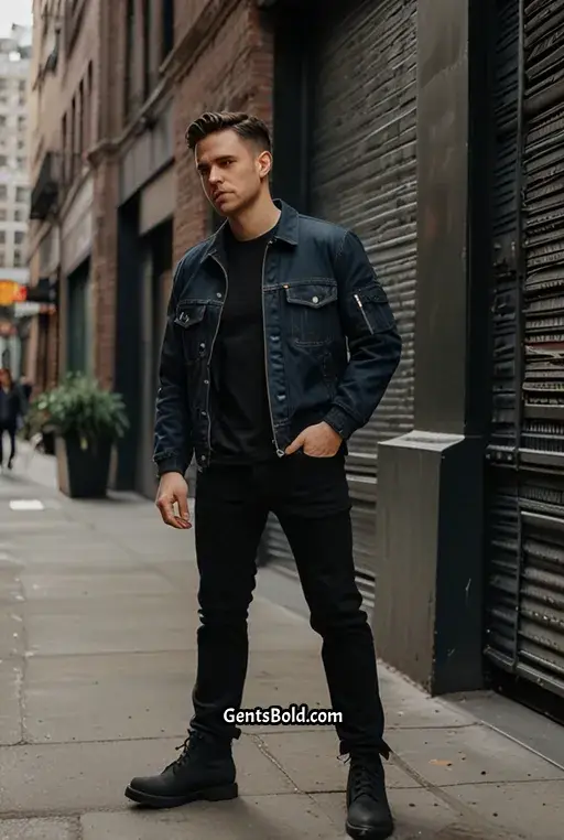 14. Navy Cargo Jacket with Black Sweatshirt and Jeans