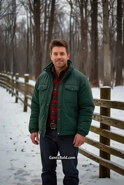 14. Puffer Jacket with a Plaid Shirt Layer