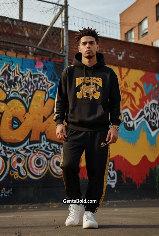 15. Black Track Pants with Gold Stripes