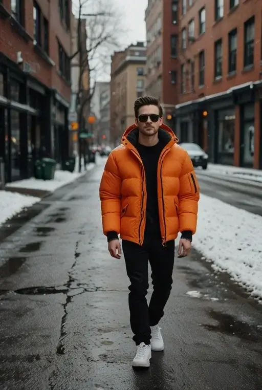 15. Bold Look with an Orange Puffer Jacket