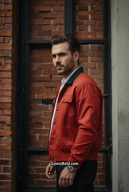 15. Red Cargo Jacket with White V Neck and Black Trousers