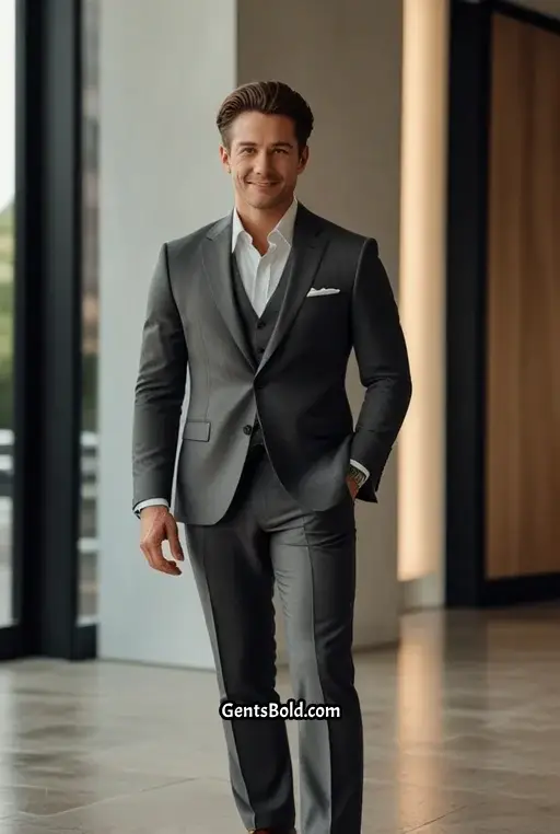 15. Slim Fit Suit with a V neck Shirt