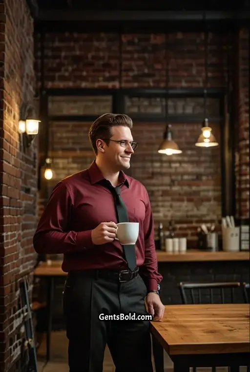 16. Burgundy Shirt With Black Slacks
