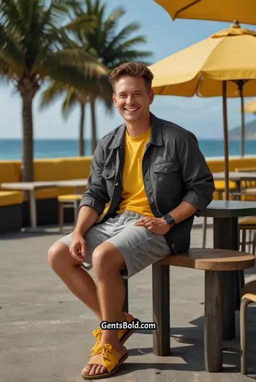16. Charcoal Cargo Jacket with Yellow T Shirt and Grey Shorts