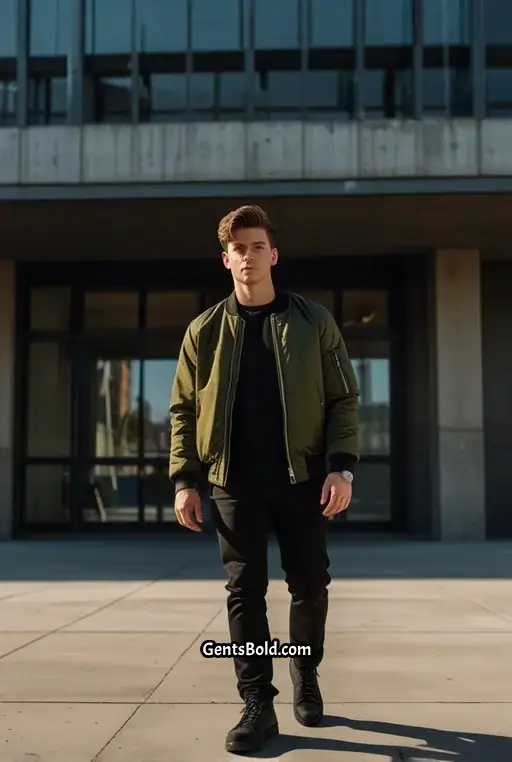16. Olive Green Bomber Jacket and Black Jeans
