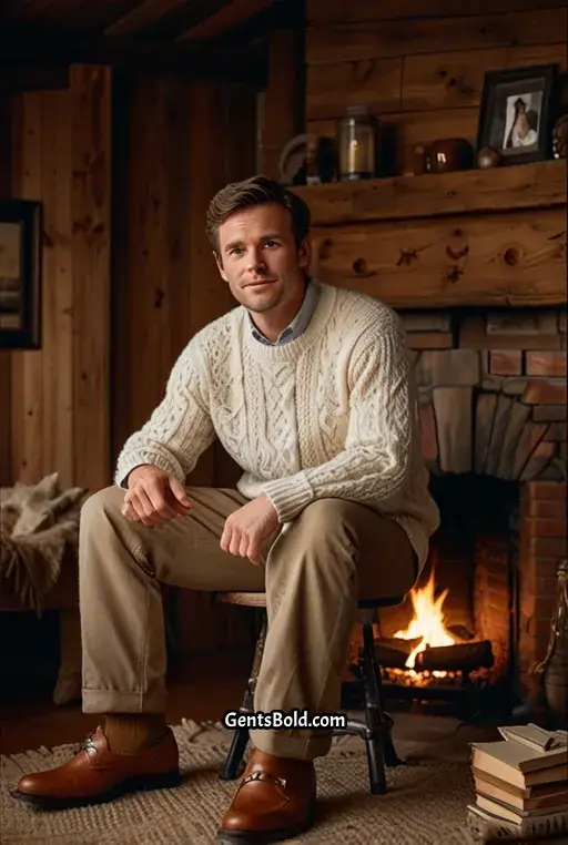 16. White Cable Knit Sweater with Khaki Pants