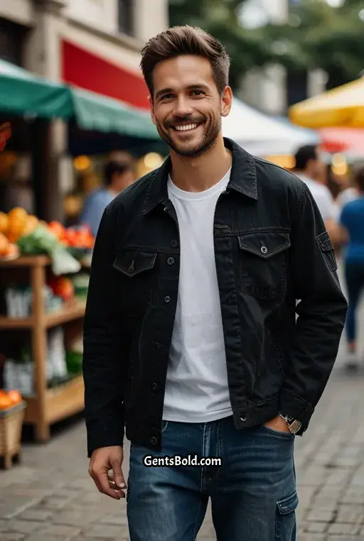 17. Black Cargo Jacket with White Shirt and Denim Jeans