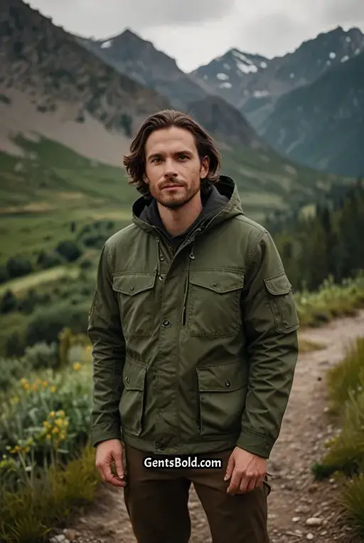 18. Dark Brown Cargo Jacket with Olive Green Hoodie and Boots