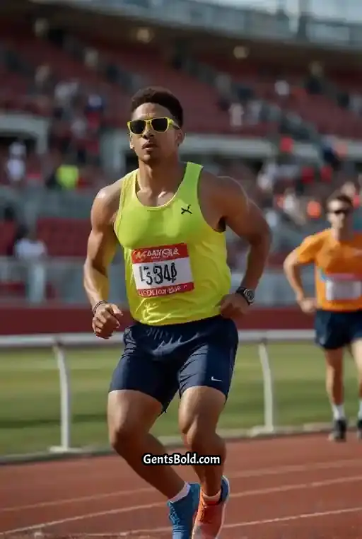 18. Yellow Tank Top with Navy Running Shorts
