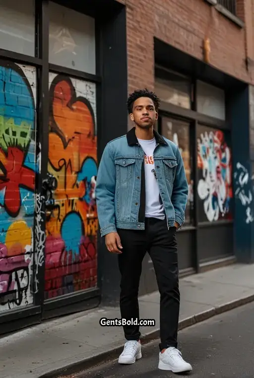 19. Blue Cargo Jacket with Black Graphic Tee and White Sneakers