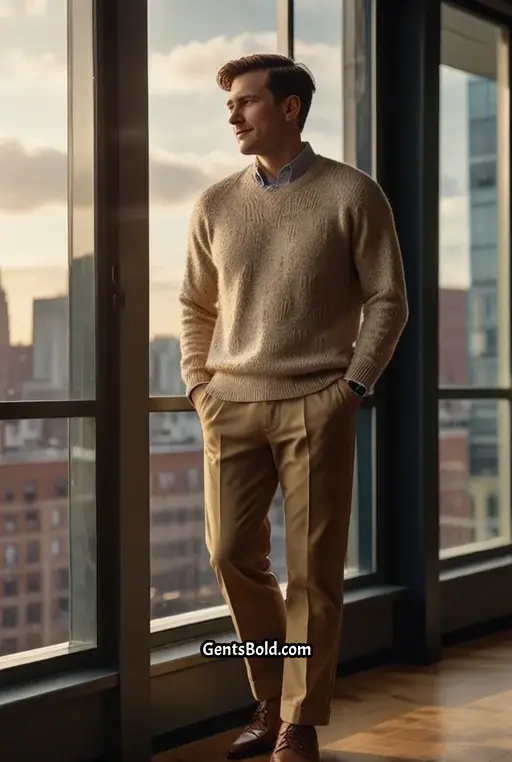 19. Light Knit Sweater and Navy Trousers