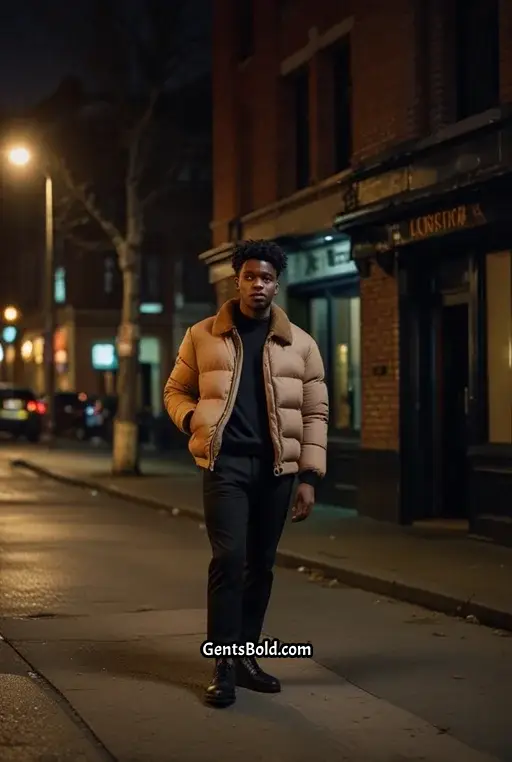 19. Sophisticated Winter Outfit with a Camel Puffer Jacket