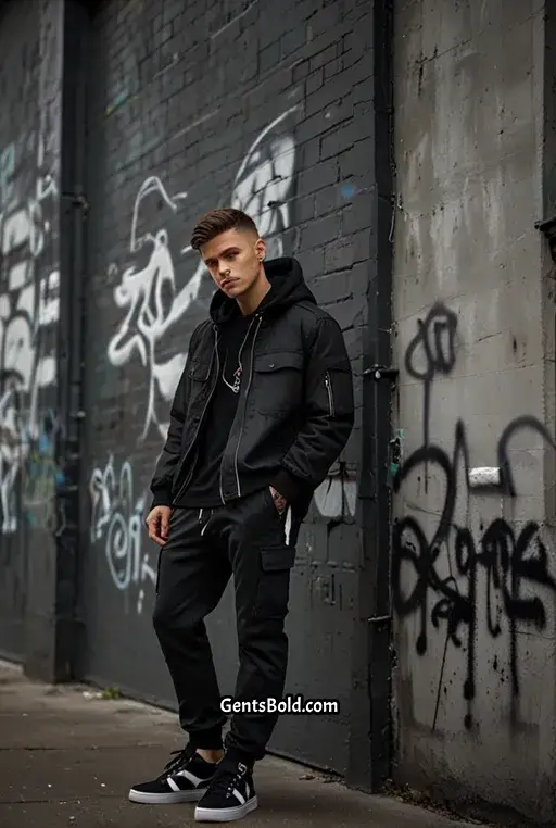 2. Black Cargo Jacket with Grey Hoodie and Joggers