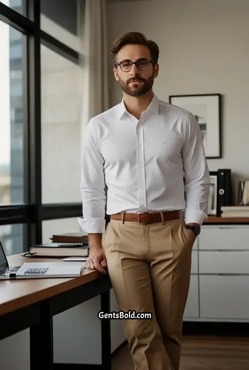 2. White Oxford Shirt With Tan Trousers