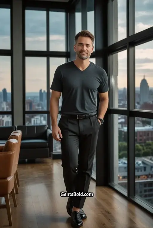 20. Black V neck T shirt and Slim Trousers