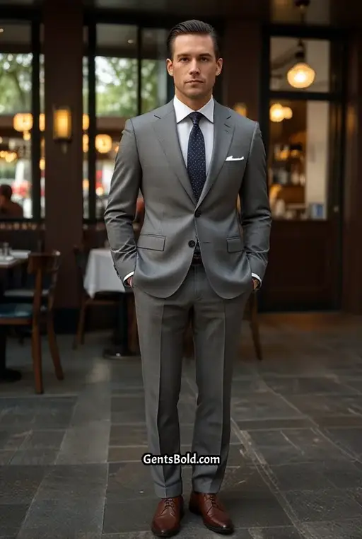 20. Slim Fit Grey Suit with Patterned Tie