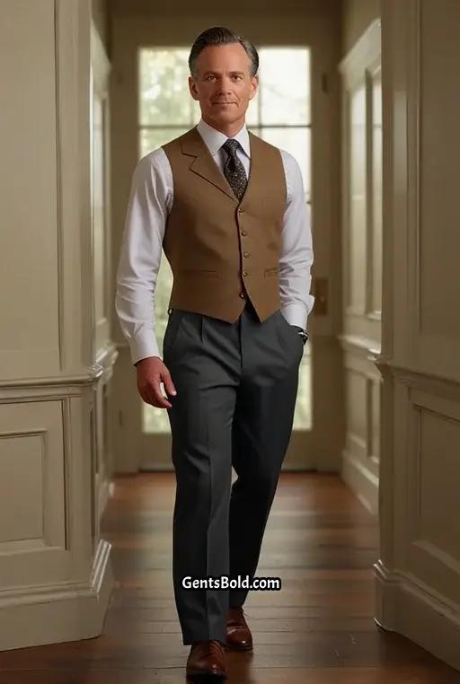 20. Tan Vest With White Shirt