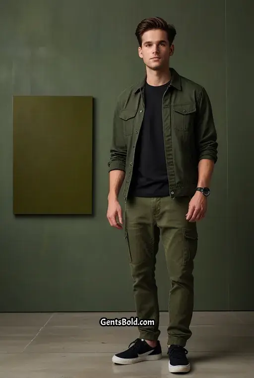 21. Black Cargo Jacket with Olive Green T Shirt and Jeans