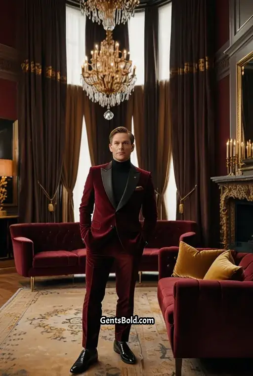 21. Burgundy Velvet Pants with Gold Stripes