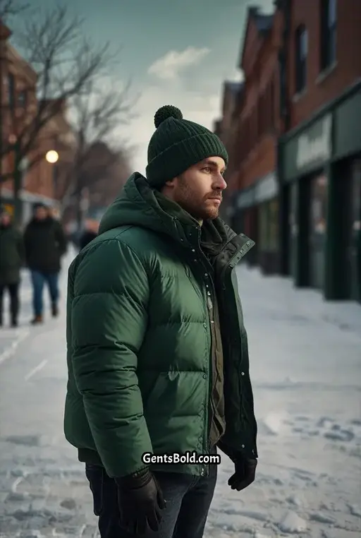 21. Casual Winter Vibes with a Green Puffer Jacket and Beanie