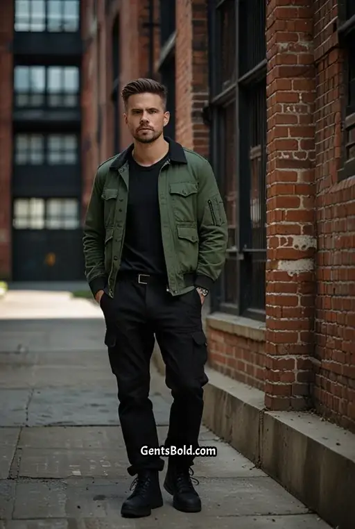 21. Green Utility Jacket with Black Cargo Pants