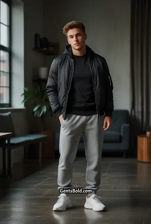 22. Black Bomber Jacket and Grey Sweatpants